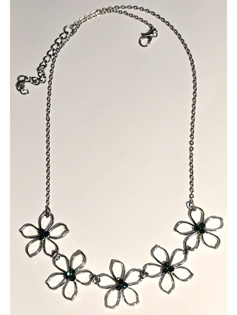 Silver Tone Dark Green Rhinestone Hibiscus Flower Necklace